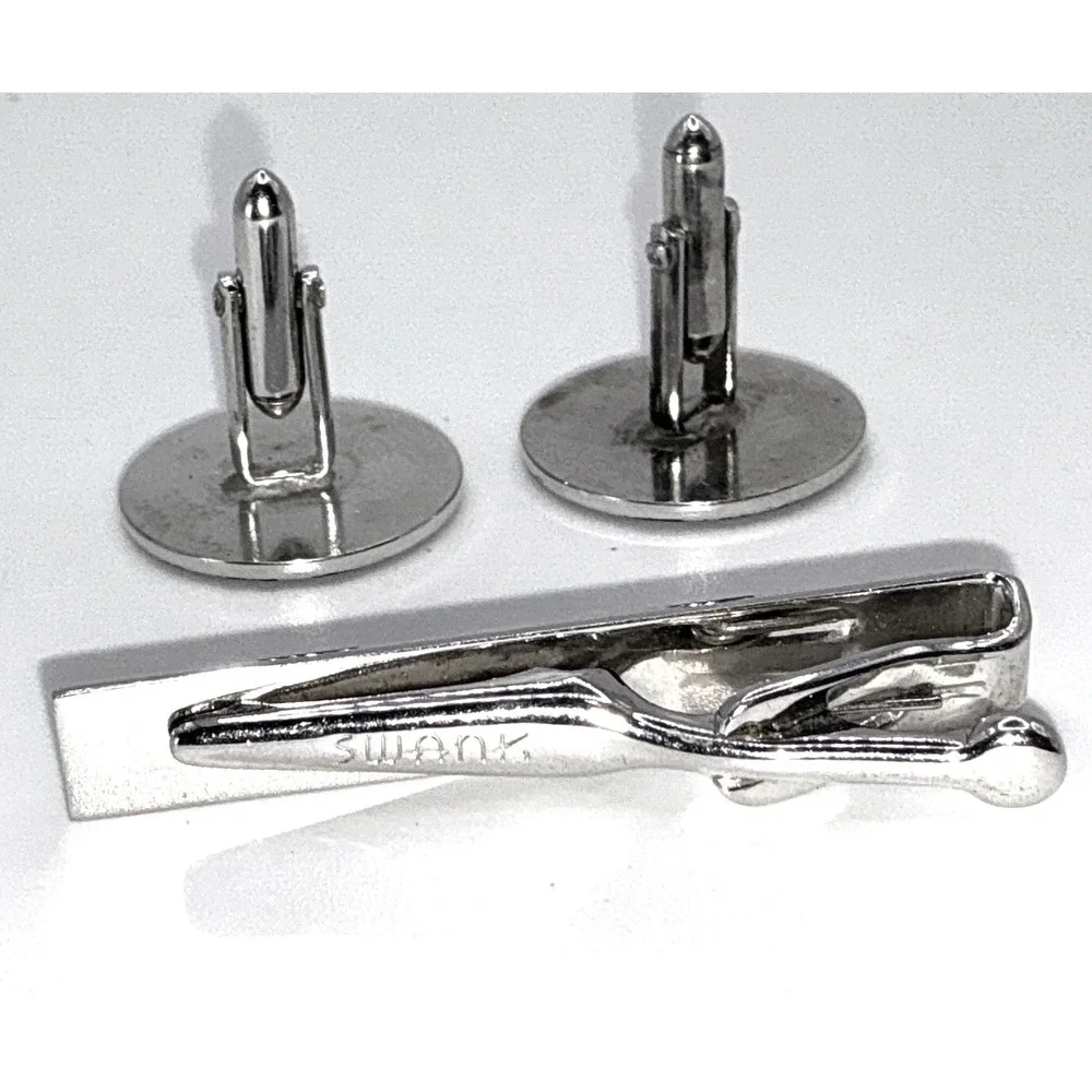 Vintage Swank Navy Blue Silver Cufflinks & Tie Bar Set‎ Mid Century